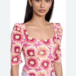Free People Pink Floral Square-Neck Puff Sleeve Crop Top